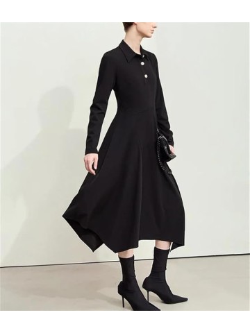 Women's Lapel Half Cardigan Dresses Irregular Hem Tunic Waist Long Elegant Office Dress
